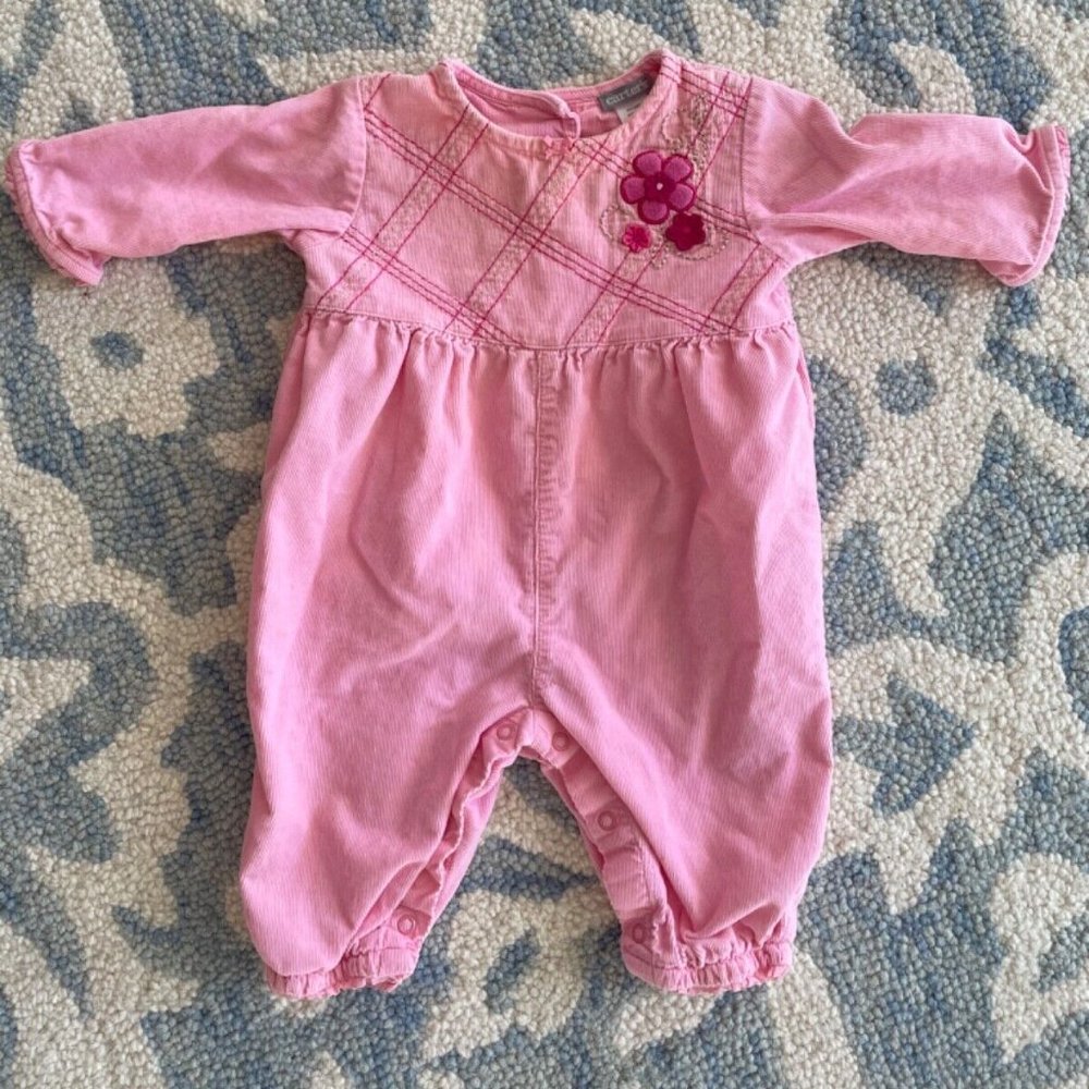 vintage carters baby pink ruffle romper with embroidery and floral applique 6M